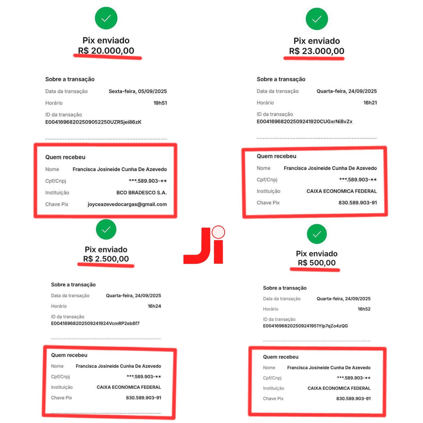 Comprovantes pix feito para as contas de Joyce, ex-funcionária da TV e rádio Imperial.