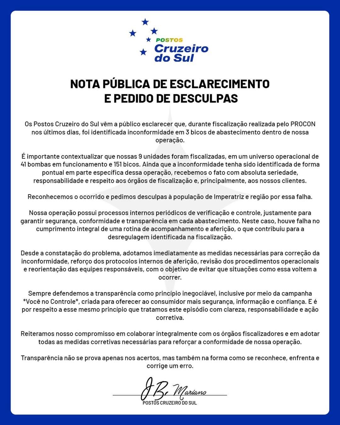 Nota divulgada pela rede postos
