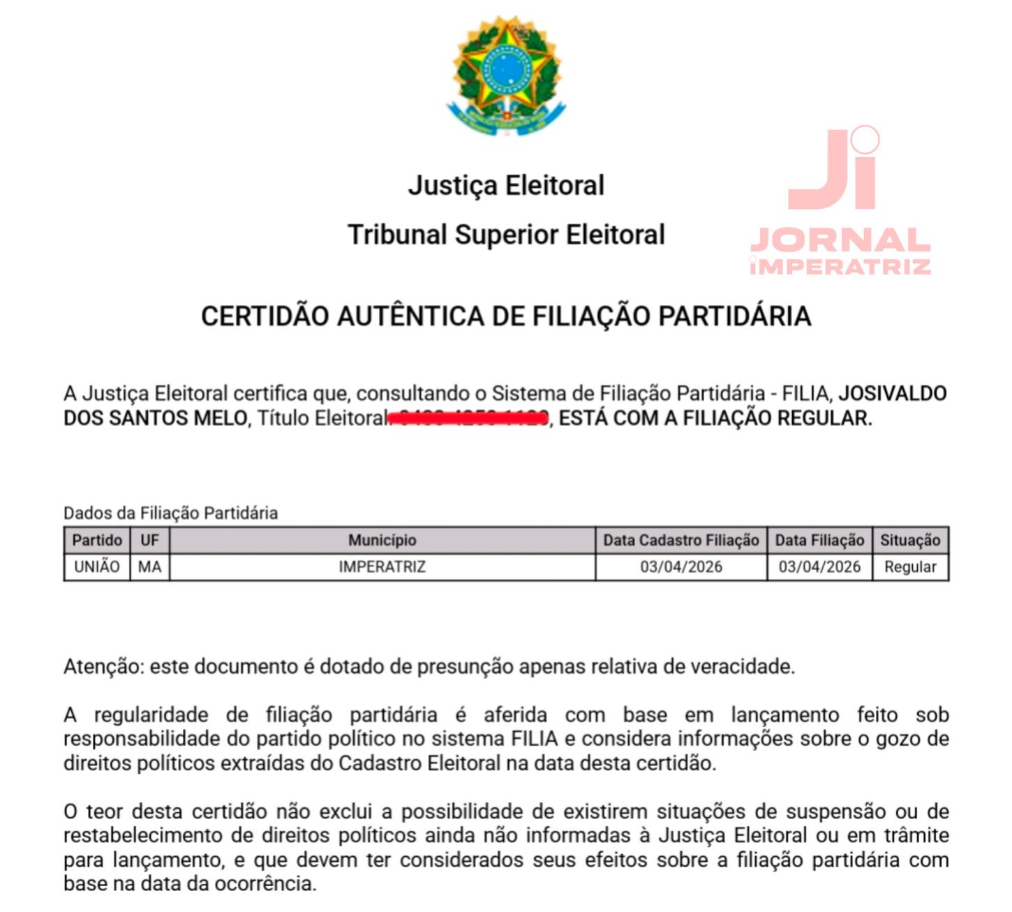 Documento oficial da filiação de JP ao União Brasil. - Imagem Divulgação: Jornal Imperatriz