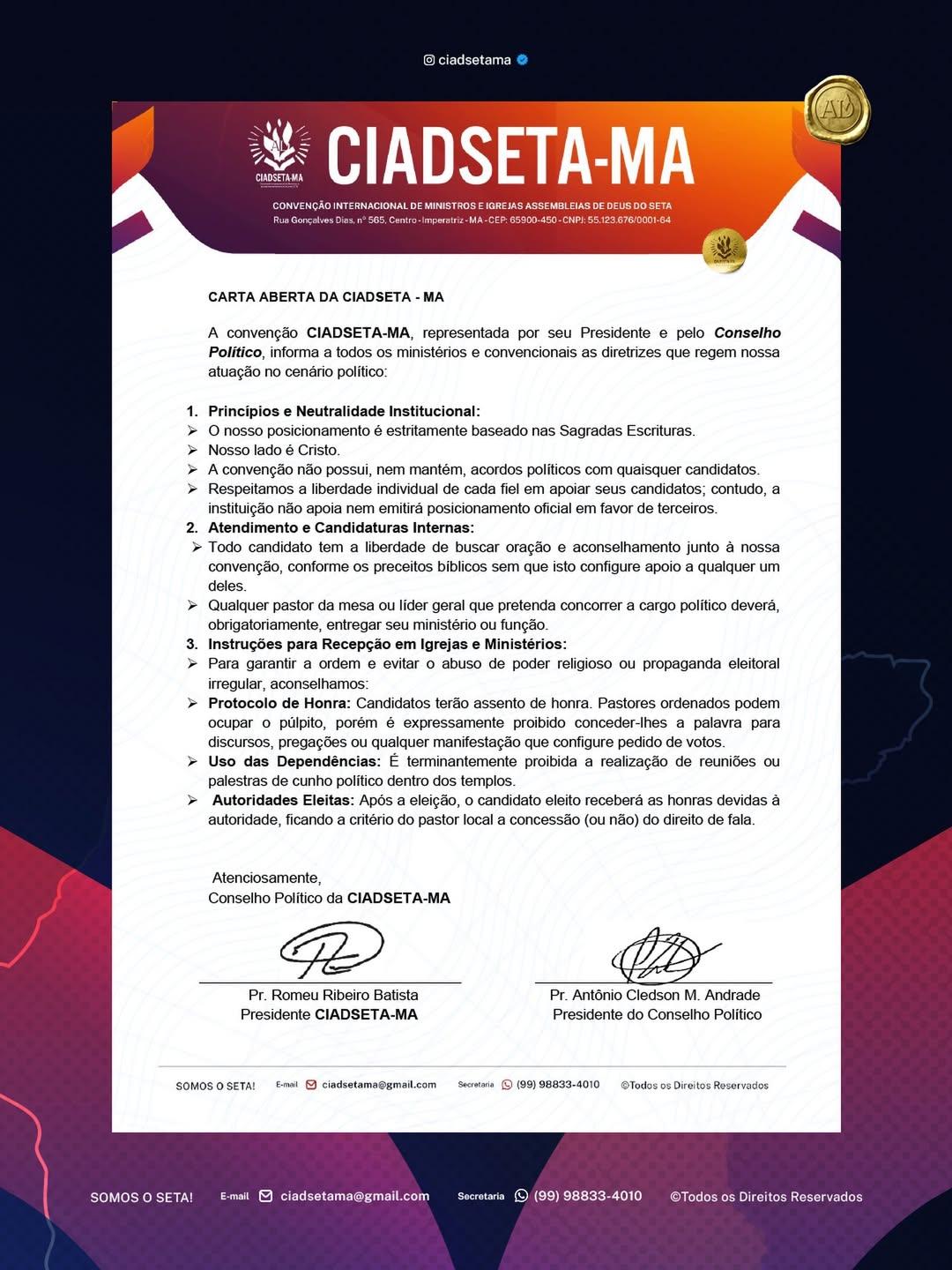 Nota emitida pelo Convenção. - Imagem Reprodução: CIADSETA-MA