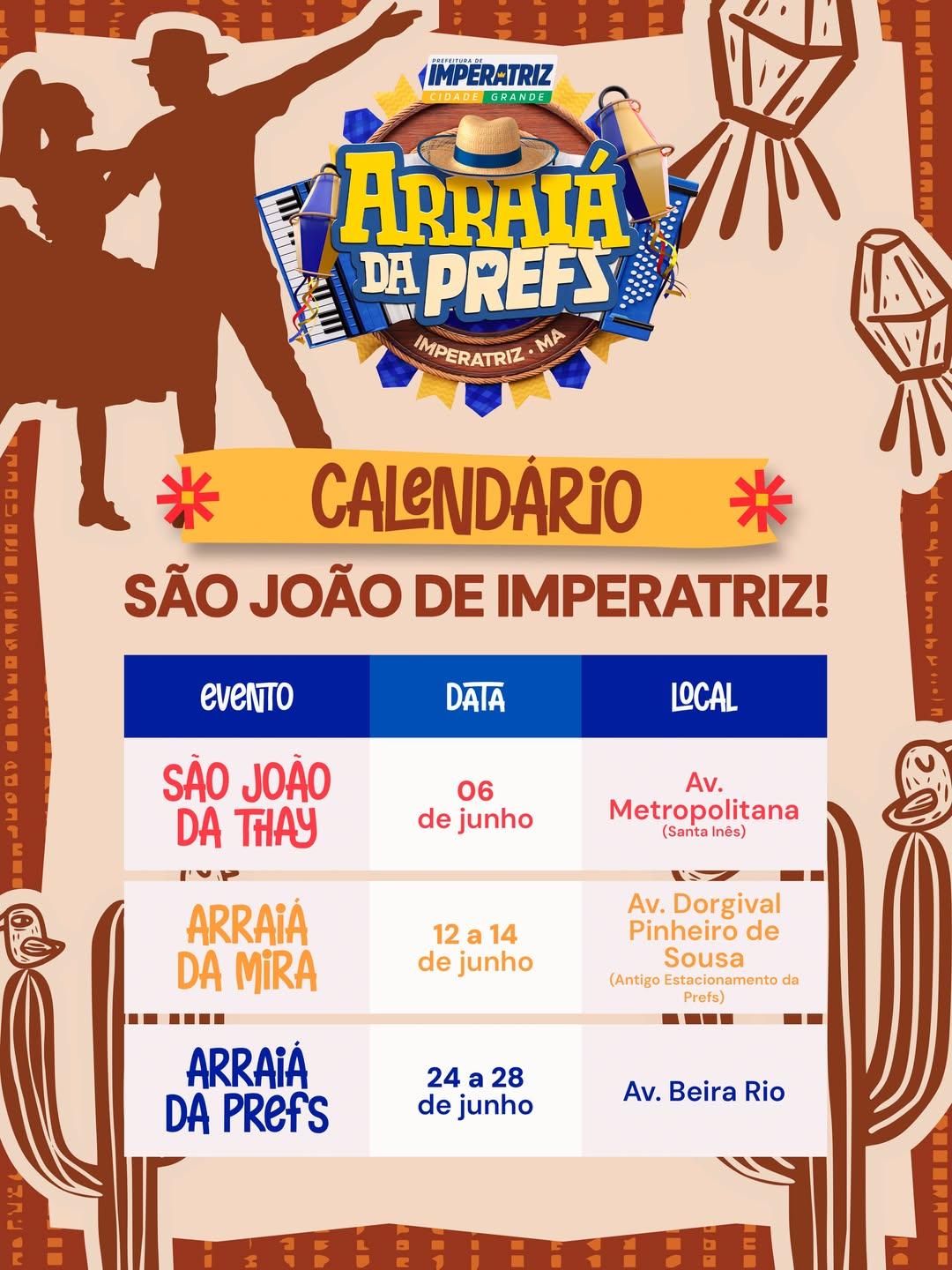 Calendário oficial de festas juninas de Imperatriz em 2026. - Imagem: Prefeitura de Imperatriz