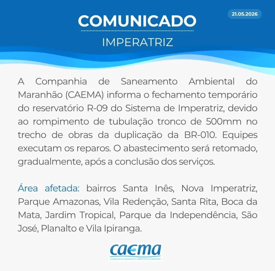 Comunicado da Caema. Imagem Divulgação: Caema