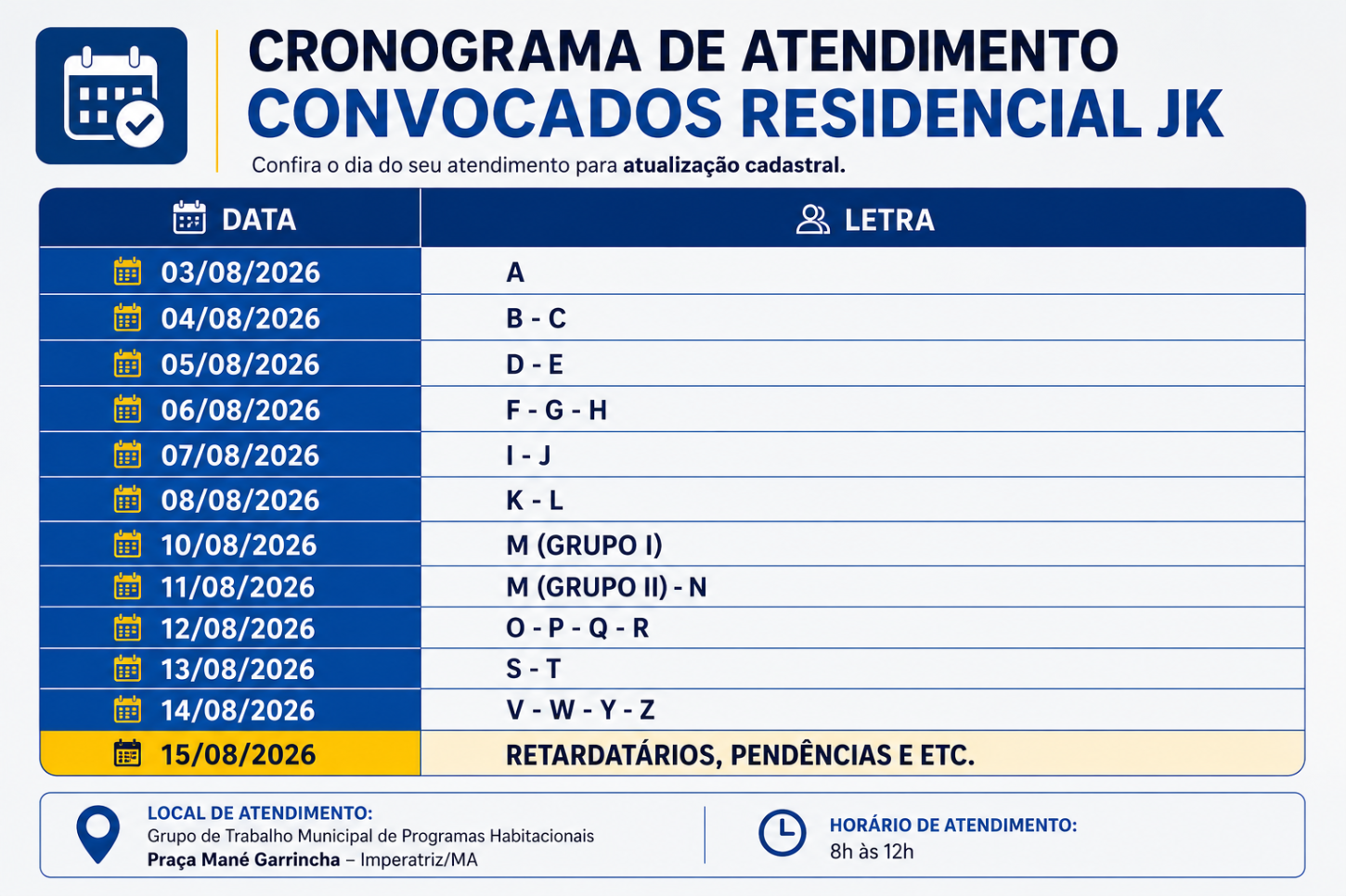 Calendário de Atendimento. - Imagem Divulgação: Jornal Imperatriz