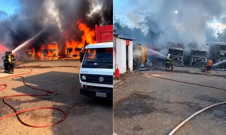Incêndio destrói cinco caminhões de distribuidora da Coca-Cola, em Caxias